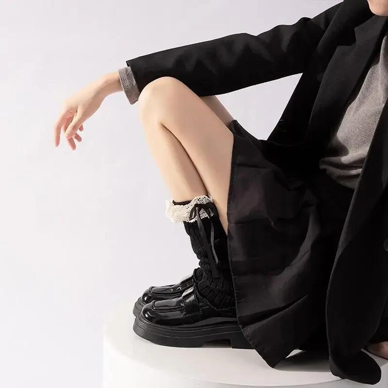 Autumn Winter Leg Warmers Woman Lolita Lace Bowknot Knitted Socks Girls Knee Warmers Long Stockings Warm Foot Cover Boot Socks