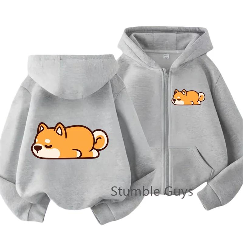 Sleeping Shiba Inu Front Back Print Zip Up Hoodie Kids Long Sleeve Lightweight Autumn Casual Cartoon Animal Children Outerwear