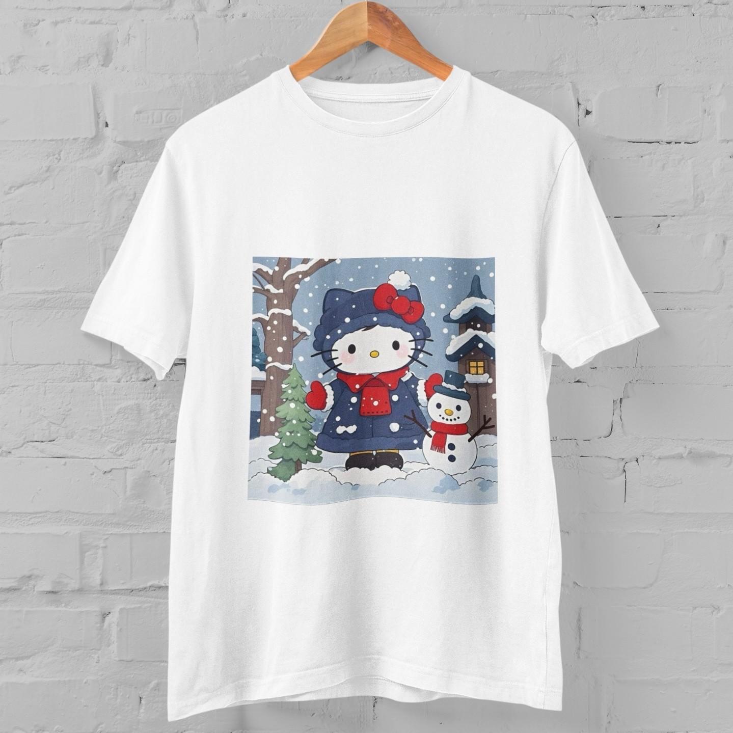 Cute Cartoon Cat Hello Kitty Winter Christmas T-Shirt Snowman Graphic Kawaii Gif M