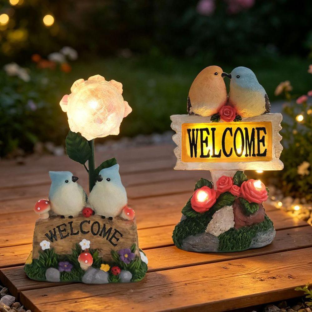Warm Light Garden Welcome Sign Solar Powered Solar Resin Craft Bird Figurine  Patio Landscape
