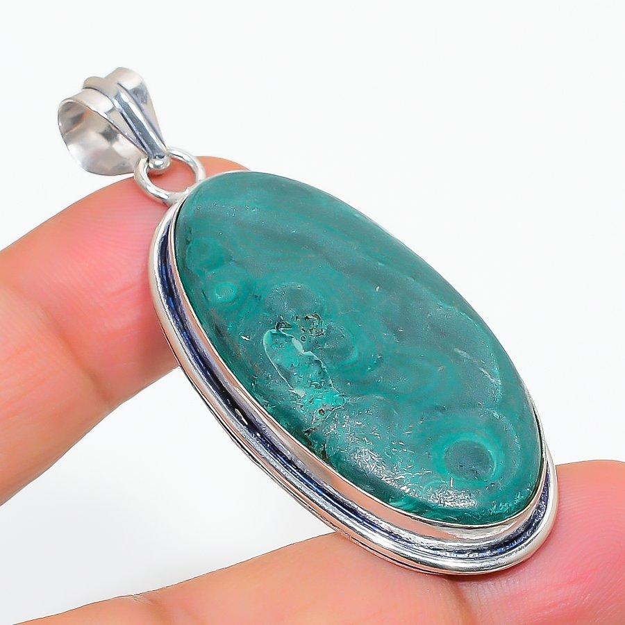 Natural Malachite Gemstone Handmade 925 Steling Silver Jewelry Pendant 2.32" R0R64