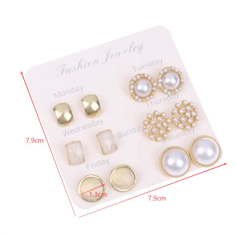 6Pairs Elegant Geometry Trim Edge Pearl Stud Earrings Gold Color Imitation Style for Wedding Ceremony