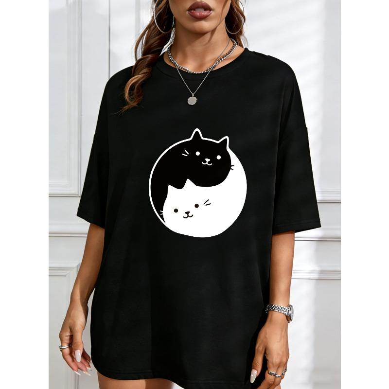 

Милая футболка с дизайном Инь-Ян с кошкой белого цвета для женщин, повседневная одежда, летний наряд, уличный стиль, модный топ с графическим принтом XXXXL чёрный