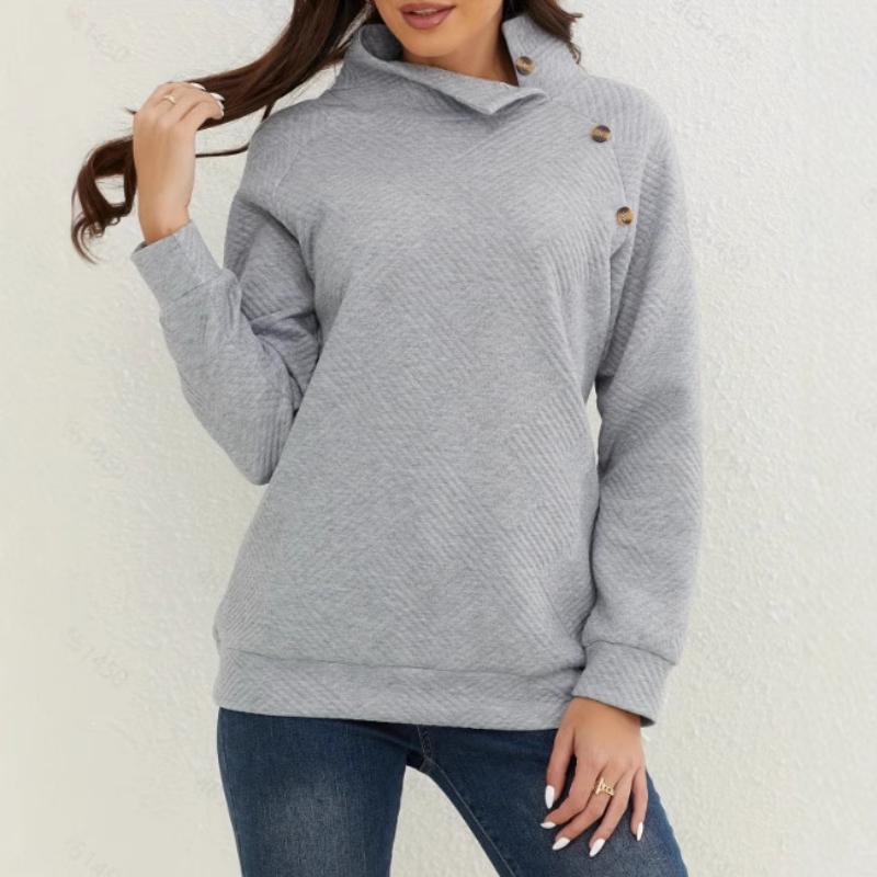 Women s Autumn Winter Asymmetric Collar Textured Sweatshirt Casual Long Sleeve Button Detail Loose Fit Daily Pullover Top S серый
