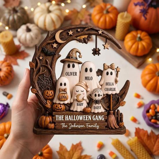 Living Room Wall Art Halloween Ghost Family Wooden Plaque, Pumpkin Couple Tabletop Sign, Indoor Hanging Signs Farmhouse Home Ornament for Tiered Tray
