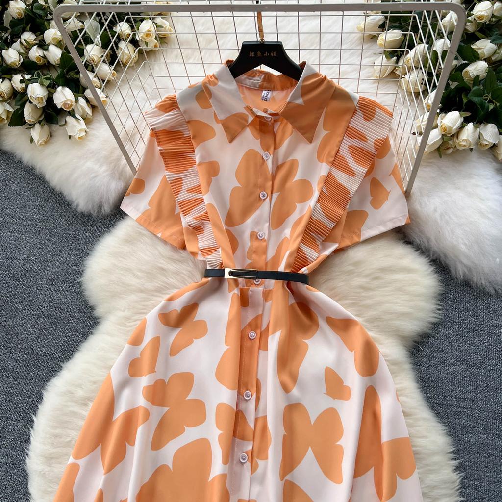 Šik Elegantní Potisk Jedlá Stromová Houba Krátký Rukáv Elegantní Zavinovací Límec Bodycon Šaty Módní Štíhlé Letní Šaty