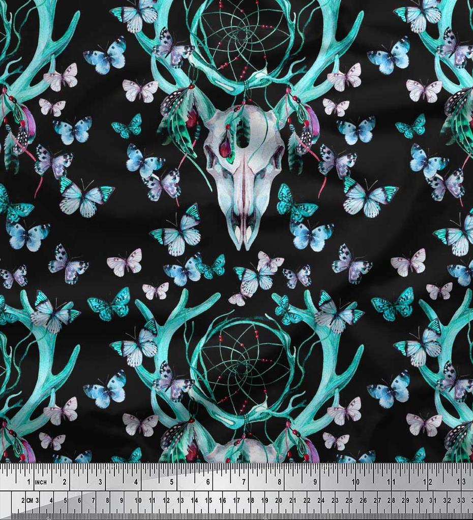 Soimoi Green Japan Crepe Satin Fabric Insect|Dream Catcher & Reindeer Face Animal Fabric Prints by Yard 42 Inch