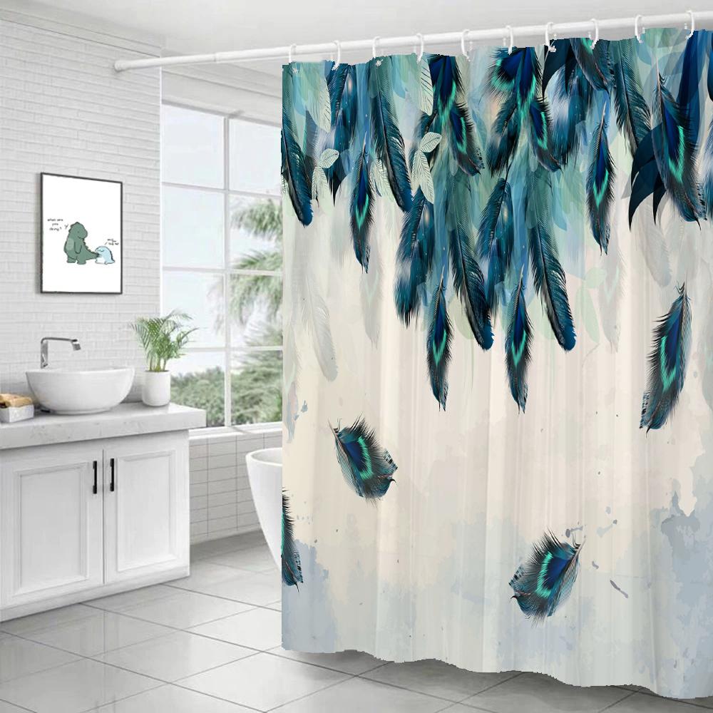 Feather Shower Curtains Printed Fabric Watercolor Flowers Bathroom Waterproof Polyester Bath Curtain Home Decoration with Hooks