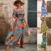 Women's Summer Maxi Dress One Shoulder Collar Sleeveless Printed Long Dress Loose High Waist Belt Slit Ankle-Length Dresses