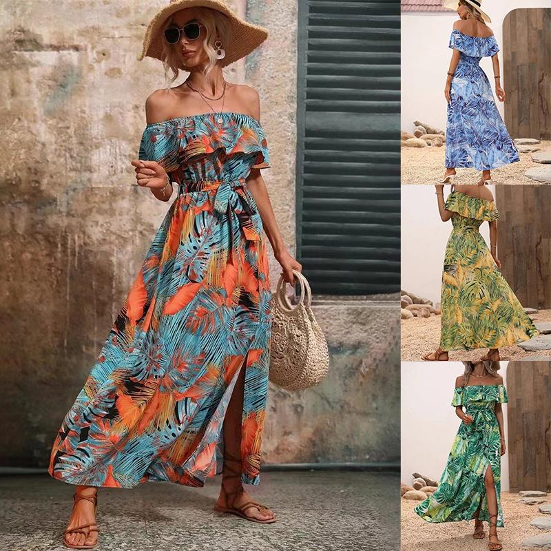 Women's Summer Maxi Dress One Shoulder Collar Sleeveless Printed Long Dress Loose High Waist Belt Slit Ankle-Length Dresses