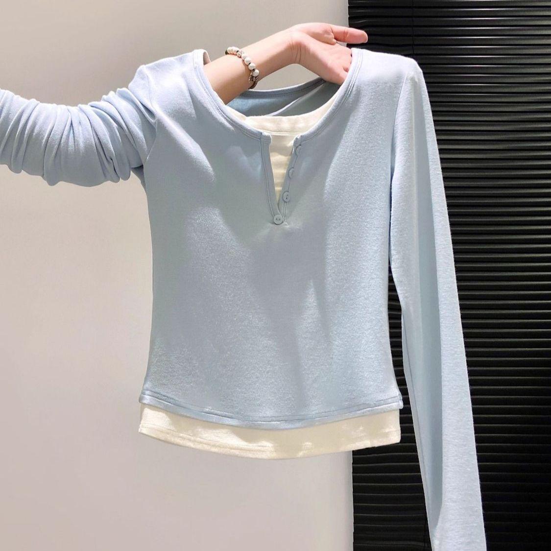 

Women s Color Block Long Sleeve Two-Piece Style T-Shirt - Slimming Round Neck Top for Spring & Autumn 2025 Large
