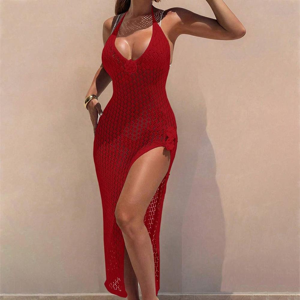 

Resort Three-Dimensional Side High Slit Adjustable Slip Cut-Out Beach Skirt Solid Color Beach Cover-Up Maxi Skirt S красный