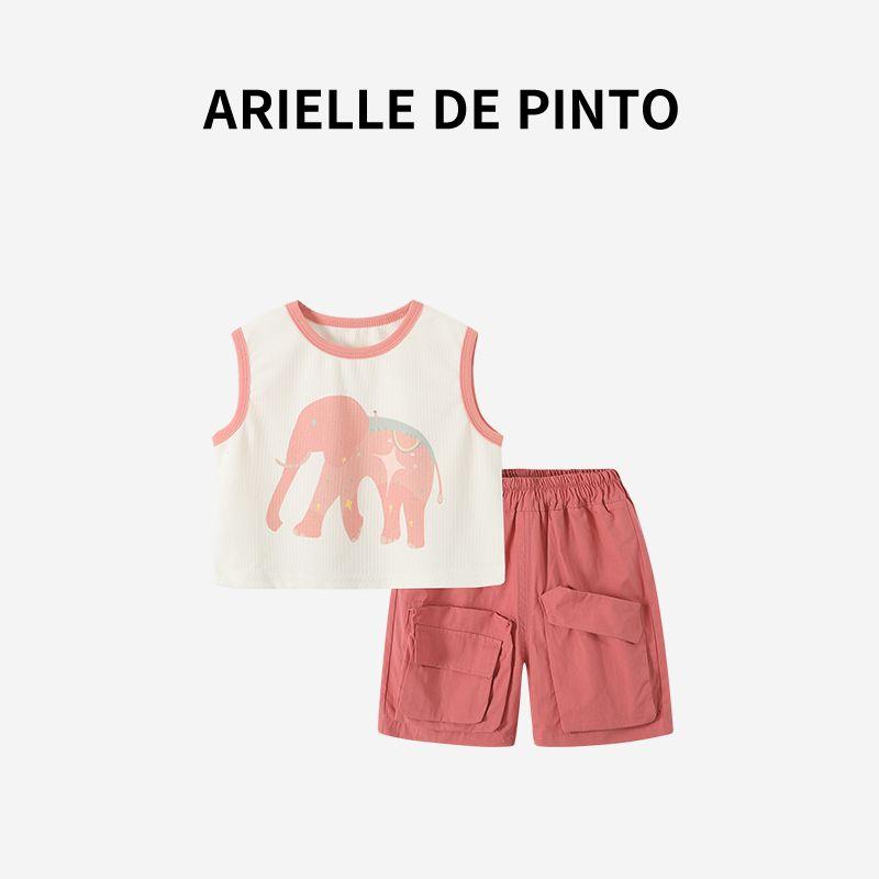 French Arielle De Pinto Girls Elephant Vest and Cargo Pants Set Summer Girls Sweatshirt Two-Piece Set Pink 120