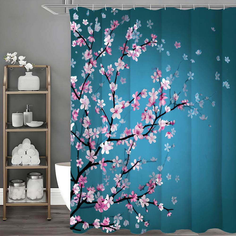 Pink Peach Blue Background Shower Curtain, Bathroom Decorative Shower Curtain, Waterproof Shower Curtain with Hooks