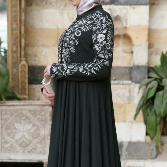 2025 Ethnic Style Muslim Women's Long Sleeve Stand Collar Printed Swing Skirt - PP1491