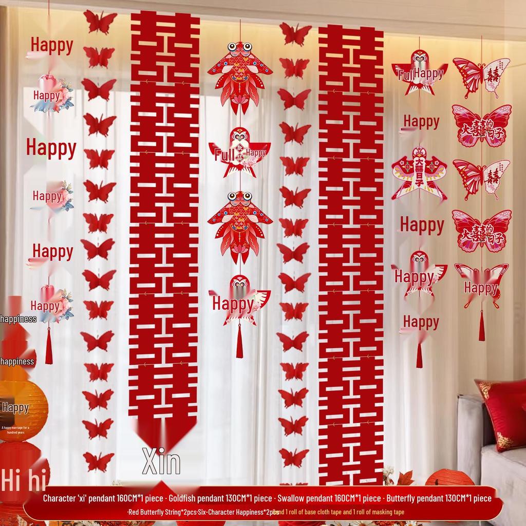 2025 Double Happiness Wedding Room Hanging Decor Set: Wall Decorations & Bride Living Room Flower Pulls