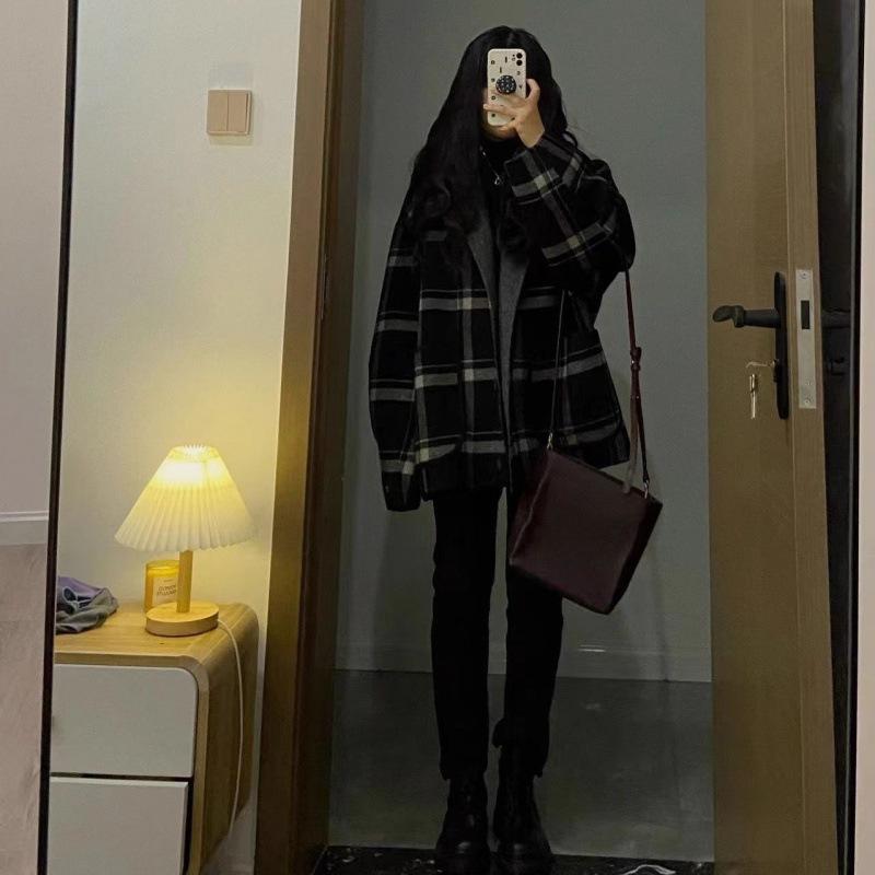 Plus Size Plaid Woolen Coat Women's Autumn and Winter Fat Loose Retro Elegant Woolen Coat Ins Trendy