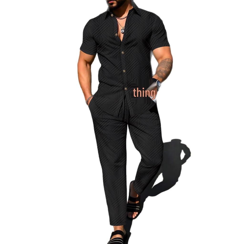 Herren Jacquard Revers Zweiteiliges Set - Kurzarmhemd & Lange Hose für Outdoor Freizeitkleidung