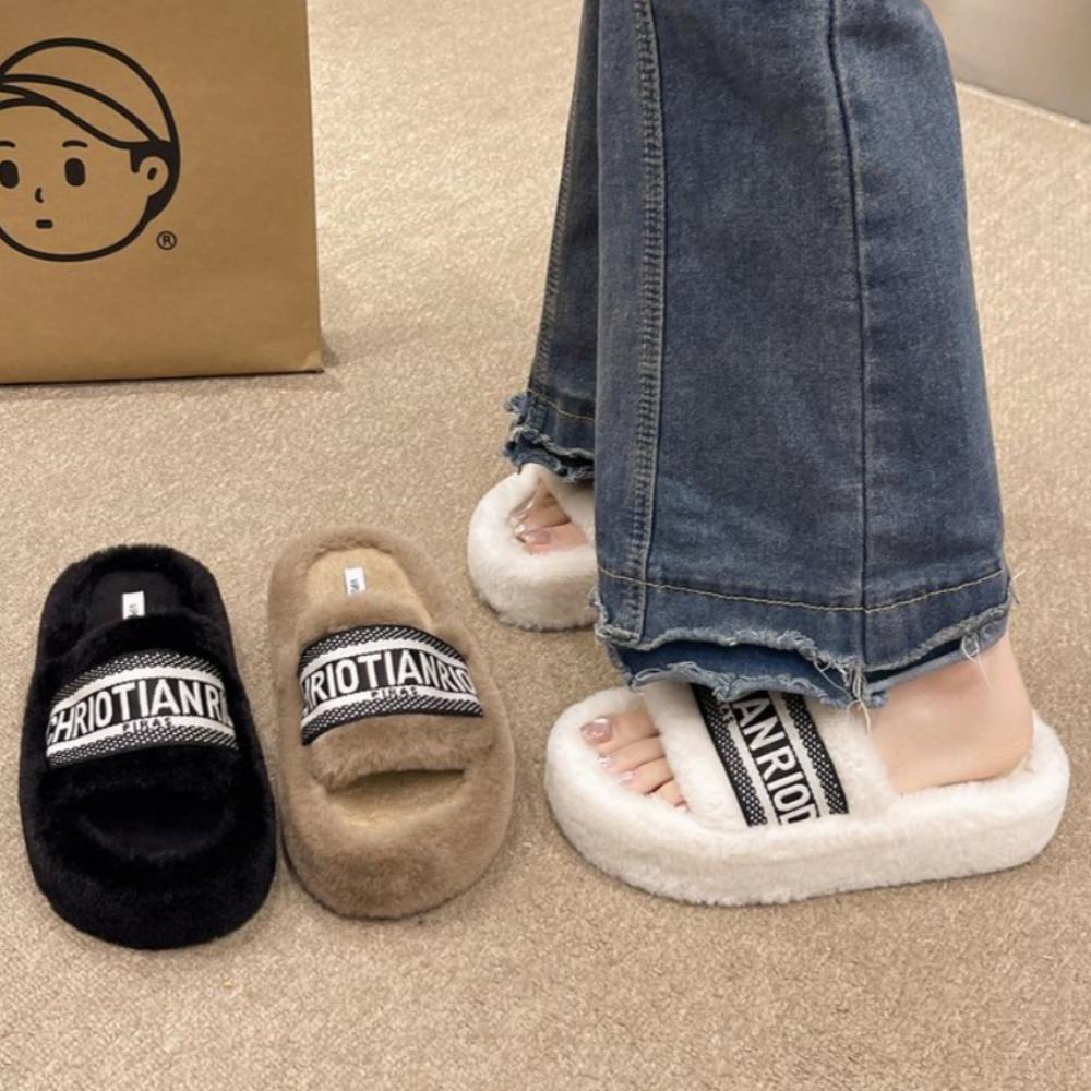 Fashion Fashion Brand Fluffy Slippers Women 2024 Autumn and Winter New Thick Bottom Open-toe Flip-flops Wear Warm Cotton Slippers
