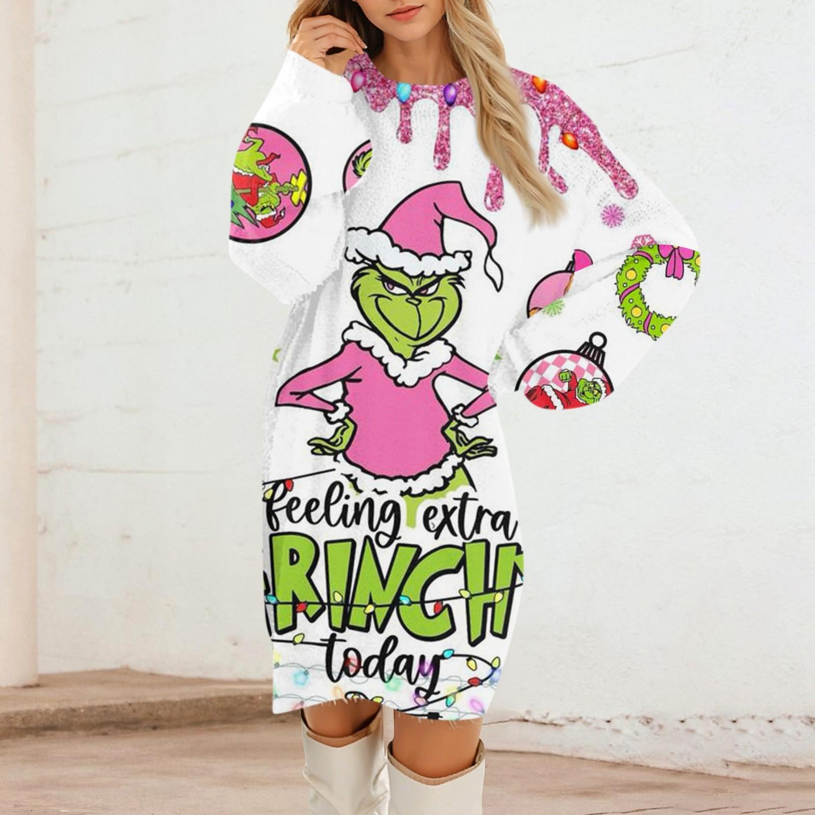 

Женские повседневные платья с круглым вырезом и длинным рукавом из плюша с рождественским принтом XXXL