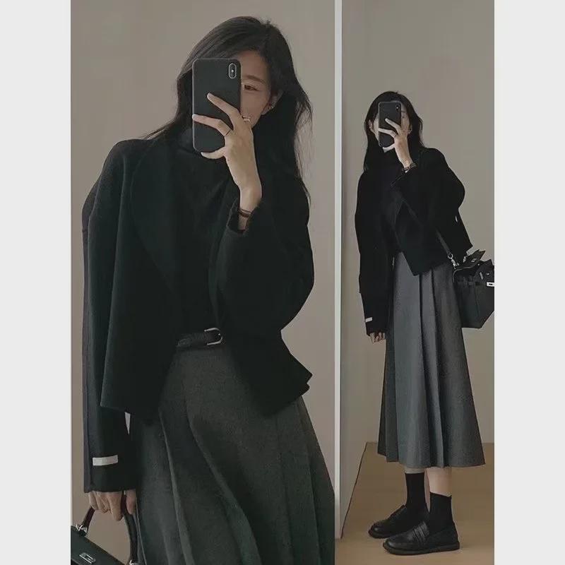 Women's 2024 Autumn French Style Long-Sleeve Short Coat & Midi Slim Skirt Suit