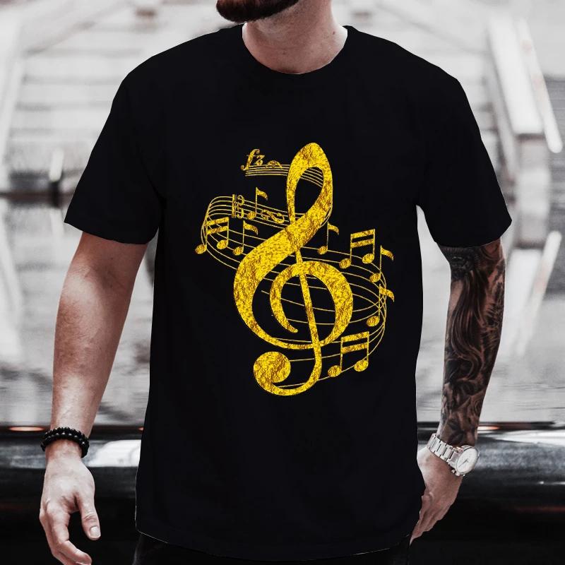 Men T Shirts Summer Men Clothes Oversize Y2K T-Shirt Harajuku Streetwear Golden Treble Clef with Flowing Music Notes Design Tops