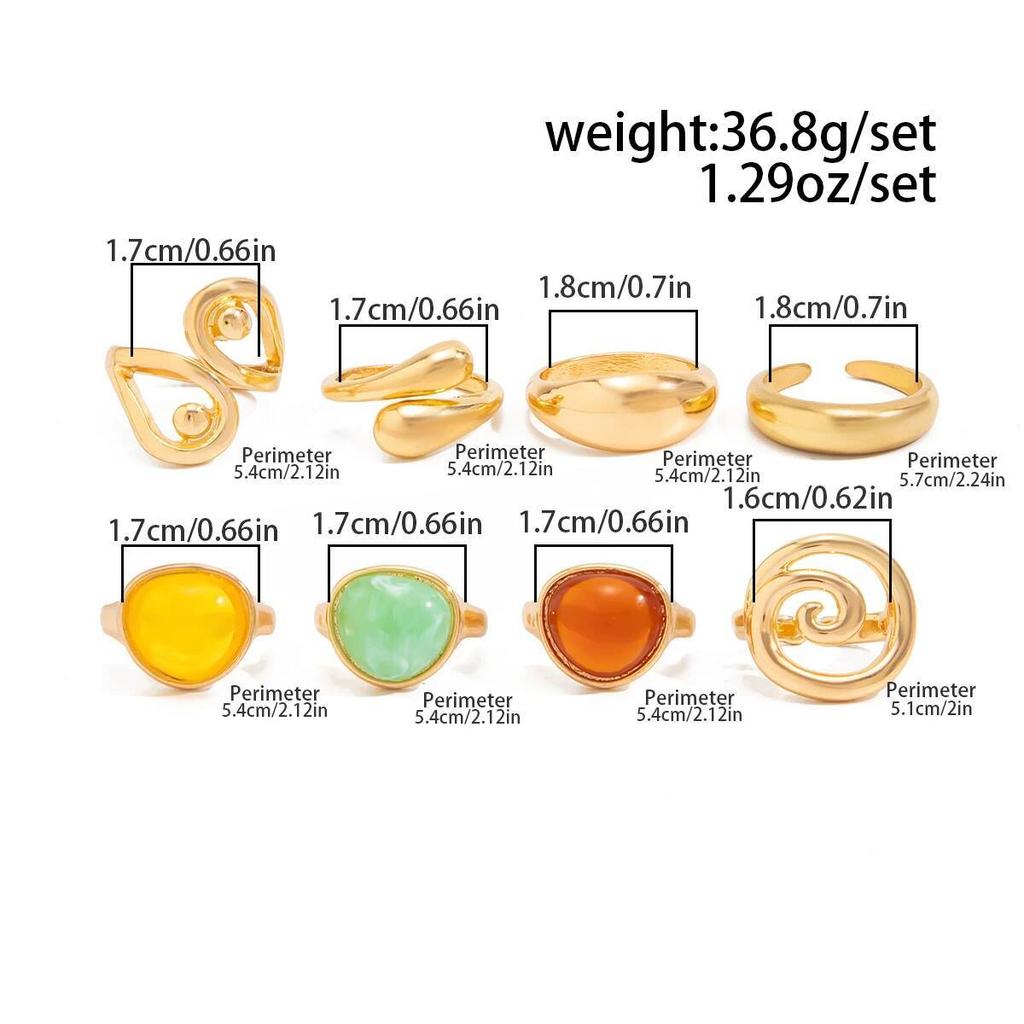 Salircon 8Pcs/Set Boho Colorful Acrylic Resin Rings for Women Exquisite Irregular Stackable Adjustable Opening Ring Jewelry Gift