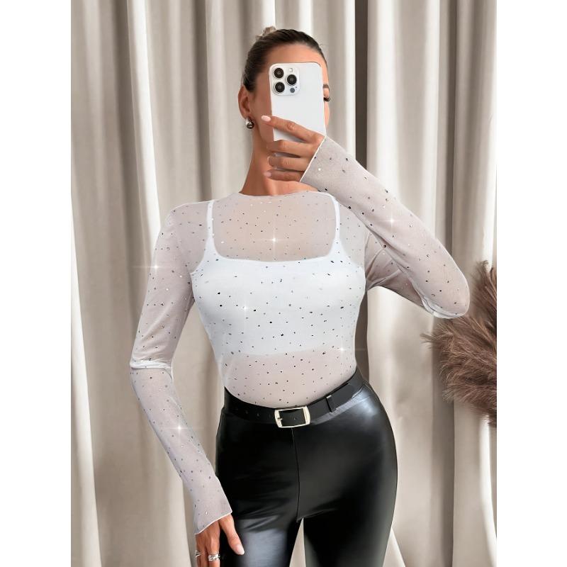 Women S Long Sleeve Mesh T Shirt With Rhinestone Decoration