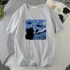 Vincent Van Gogh Starry Night Cute Cat Unisex Cotton Short Sleeve Crewneck Casual Tops Creative Oversize Short Sleeve Unisexs Clothing