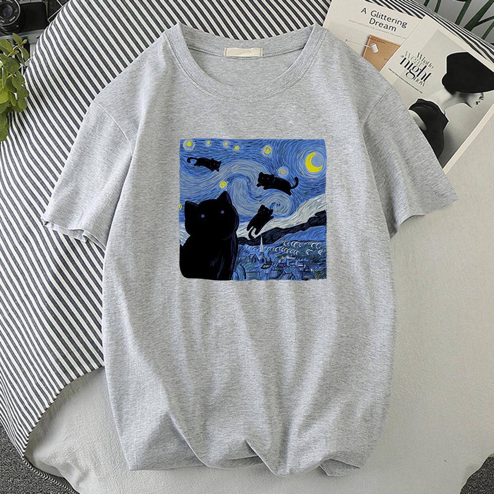 Vincent Van Gogh Starry Night Cute Cat Unisex Cotton Short Sleeve Crewneck Casual Tops Creative Oversize Short Sleeve Unisexs Clothing