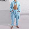 INCERUN 2PCS Sets Mens See Through Long Sleeve Open Front Tops Harem Pants Beach Home Outfits