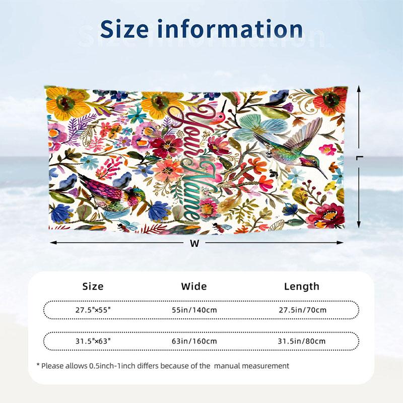 Hummingbirds Floral Harmony Theme Quick Dry Beach Towel Custom Name Text Print Large Sand Resistant Towel Beach Vacation
