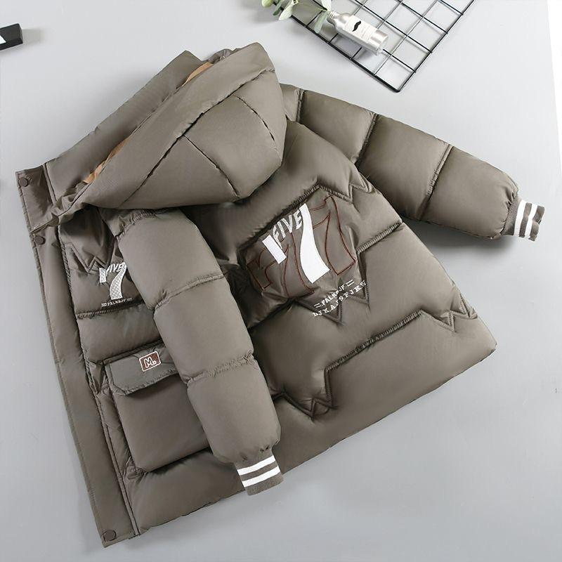 

-30℃ Зимова підліткова куртка для хлопчиків з принтом літери 7, на підкладці з оксамиту, товста, тепла, з капюшоном, на блискавці, парка-пальто для дітей 6-14 років, бавовняний верхній одяг 150 темно-сірий колір