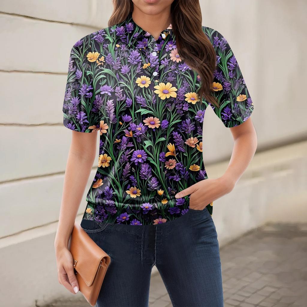 Dámské ležérní tričko s květinovým potiskem, výstřih do V, krátký rukáv, ozdobný knoflík