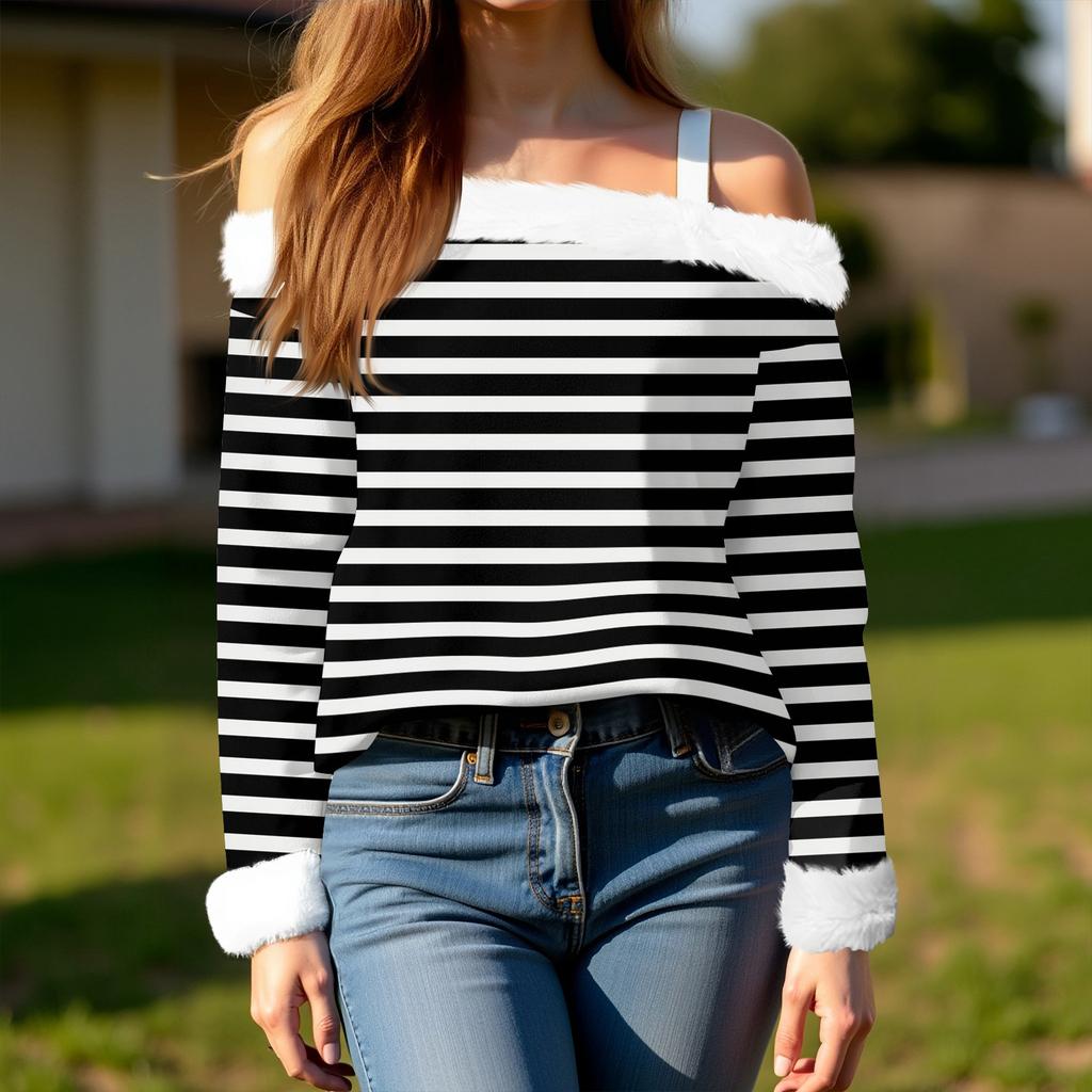 Women's Off-the-shoulder Plush Neck Printed Long-sleeved Pullover T-shirt Top