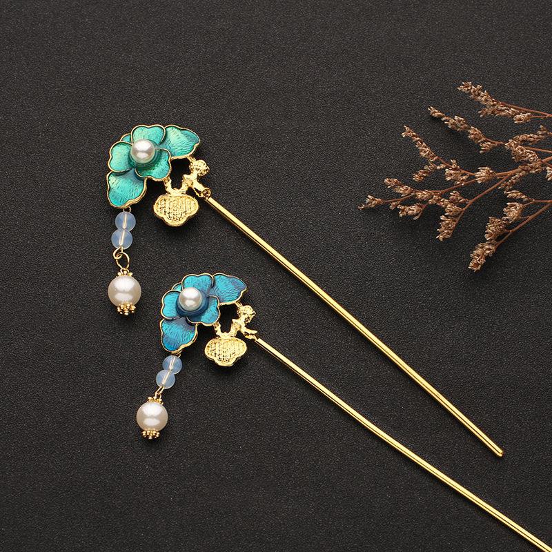 

Ancient Lotus Leaf Cloisonné Enamel Hairpin - Women s Hanfu Style Hair Accessory