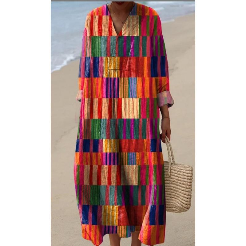 Платье-рубашка с длинным рукавом Женское Повседневное Цветочный Принт Рукав Длинное Платье Источник 5XL beige