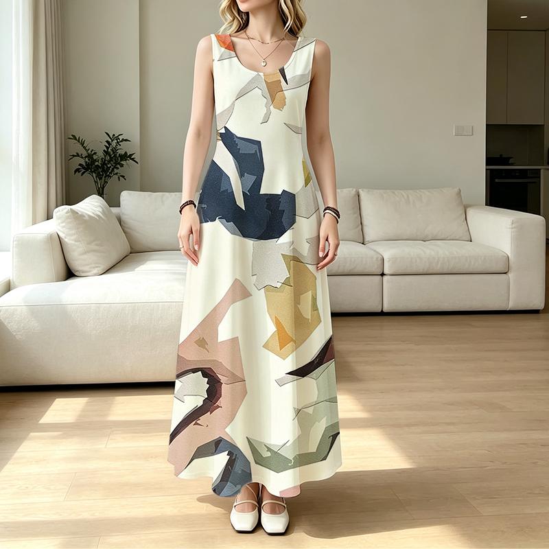 A-Line Maxi Dress,Geometric Sleeveless Loose Fit,Comfortable Picnic & Pool Vacation Dress,Versatile Spring Fall Layering