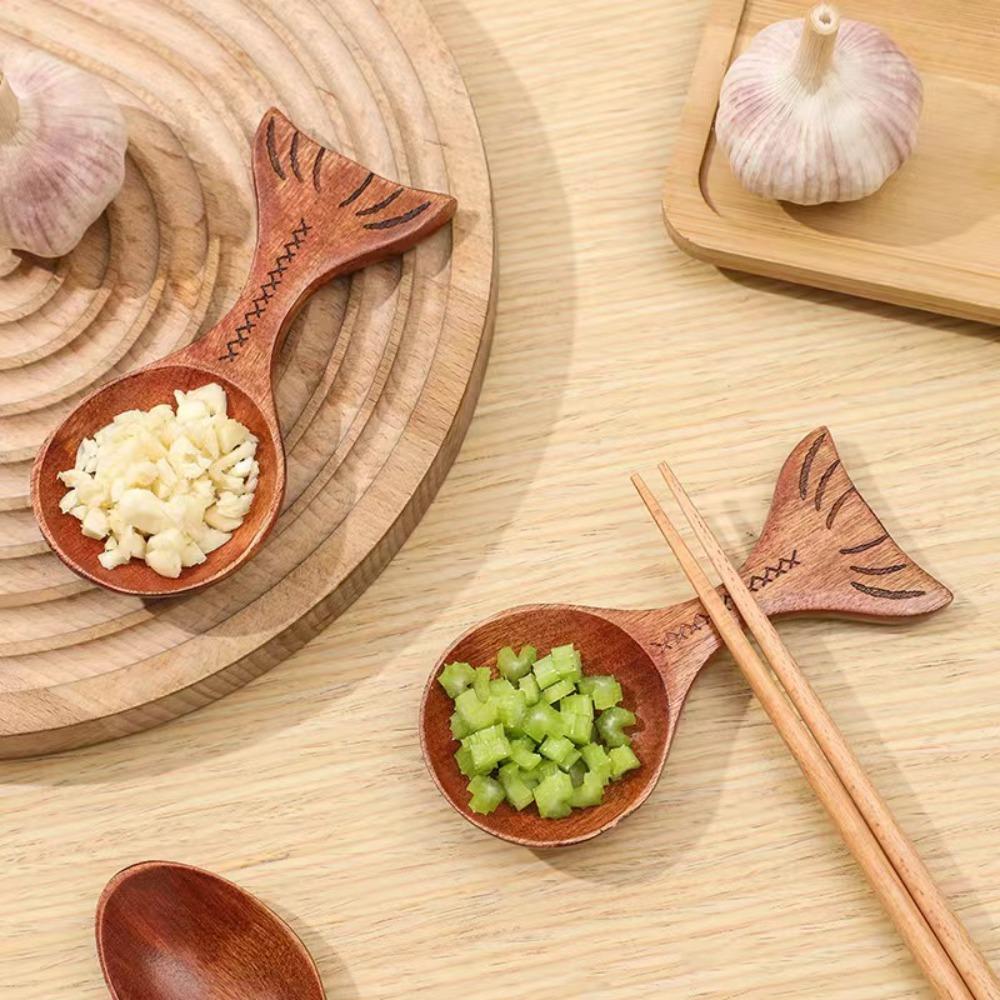 

2pcs Wooden Fishtail Shaped Spoon 2 in 1 Chopstick Rest Creative Sauce Dish Milk Powder