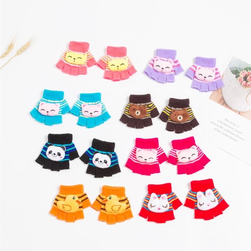 Kids Cartoon Animal Warm Gloves Handwoven Half Finger Gloves Universal Handwear