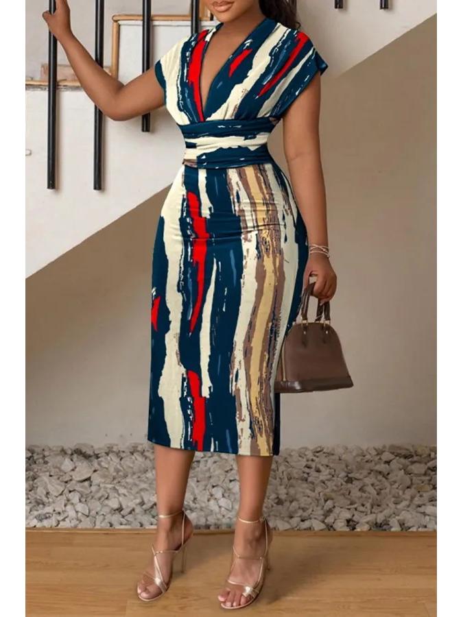 European & American Women's V-Neck Slim Fit Printed Dress