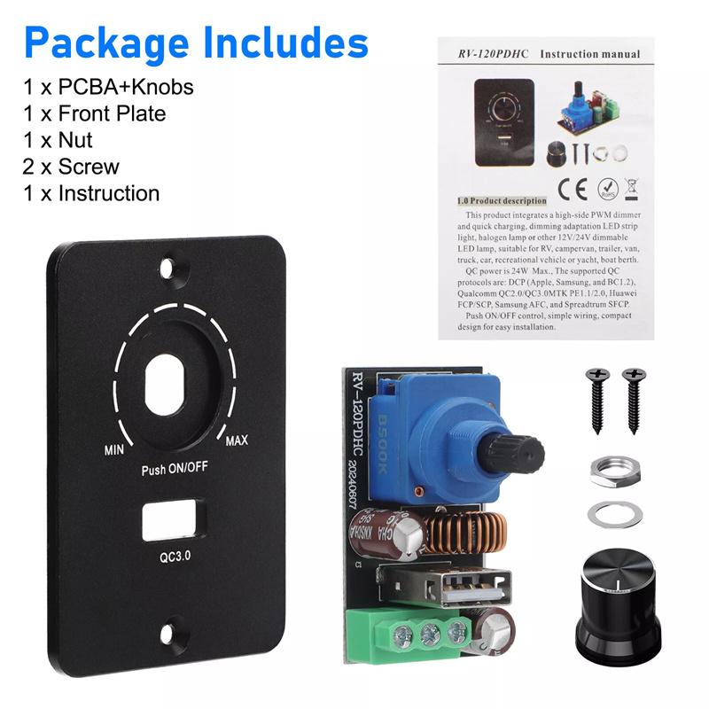 DC 12V PWM Dimmerschalter, 5A PWM RV Wohnmobil Bootslichtschalter QC 3.0 Elektrische Geräte Zubehör