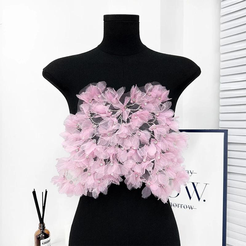 

1pc Double-Layered Mesh Lace Applique Heavy Industry Mesh Trim Pleated Beaded Patch DIY Chest Wrap Evening Dress Accessories розовый