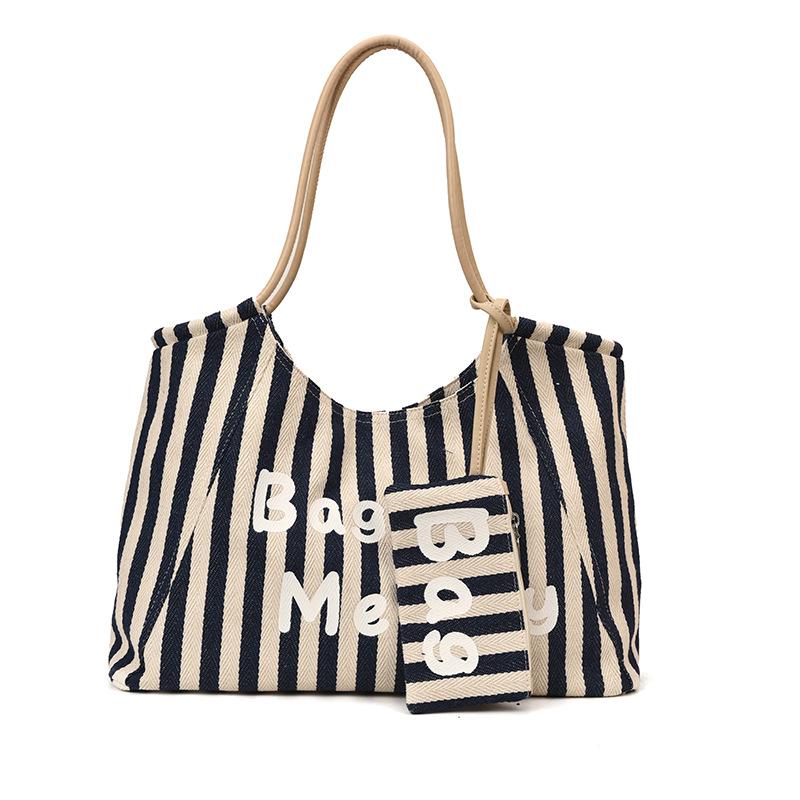 Canvas Striped Tote Bag - Women's College Style Handbag & Shoulder Bag