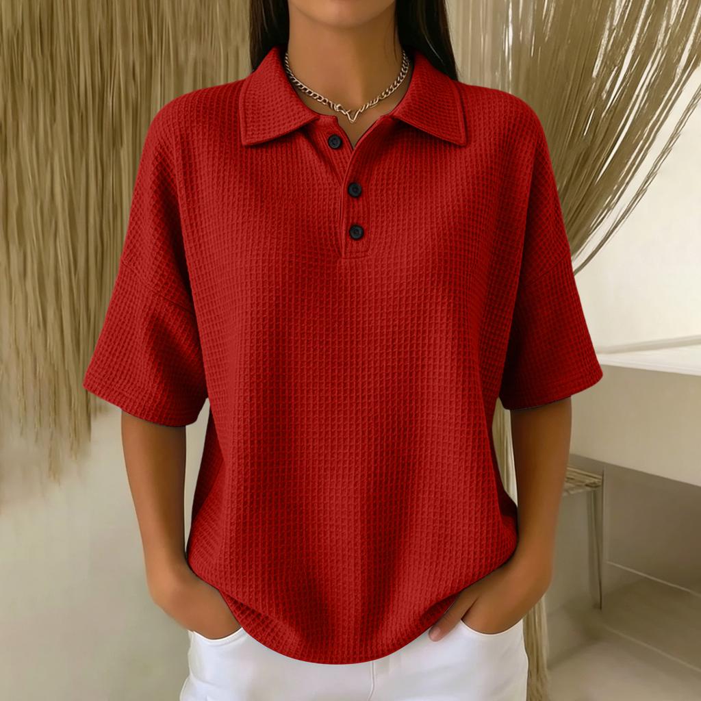 Women’s Knit Short Sleeve Polo Shirt with Button Front and Relaxed Fit for Casual and Everyday Wear