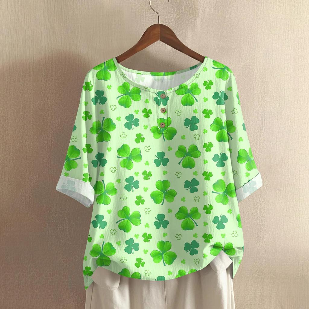 Women's Casual Mid-Sleeve Round Neck St. Patrick's Day Print Cotton-Linen Blend Top