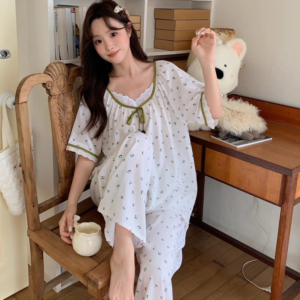 Sweet floral cotton silk pajamas women's summer short sleeves can be worn outside loose loungewear cool and breathable high-end suit
