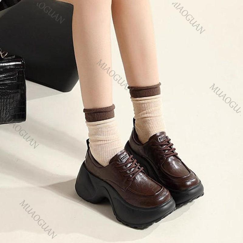 Fashion Retro Thick Bottom Heightening Mary Jane Shoes Spring Autumn Women Lace Up Chunky High Heeled Loafers Black Brown Fashion Pumps