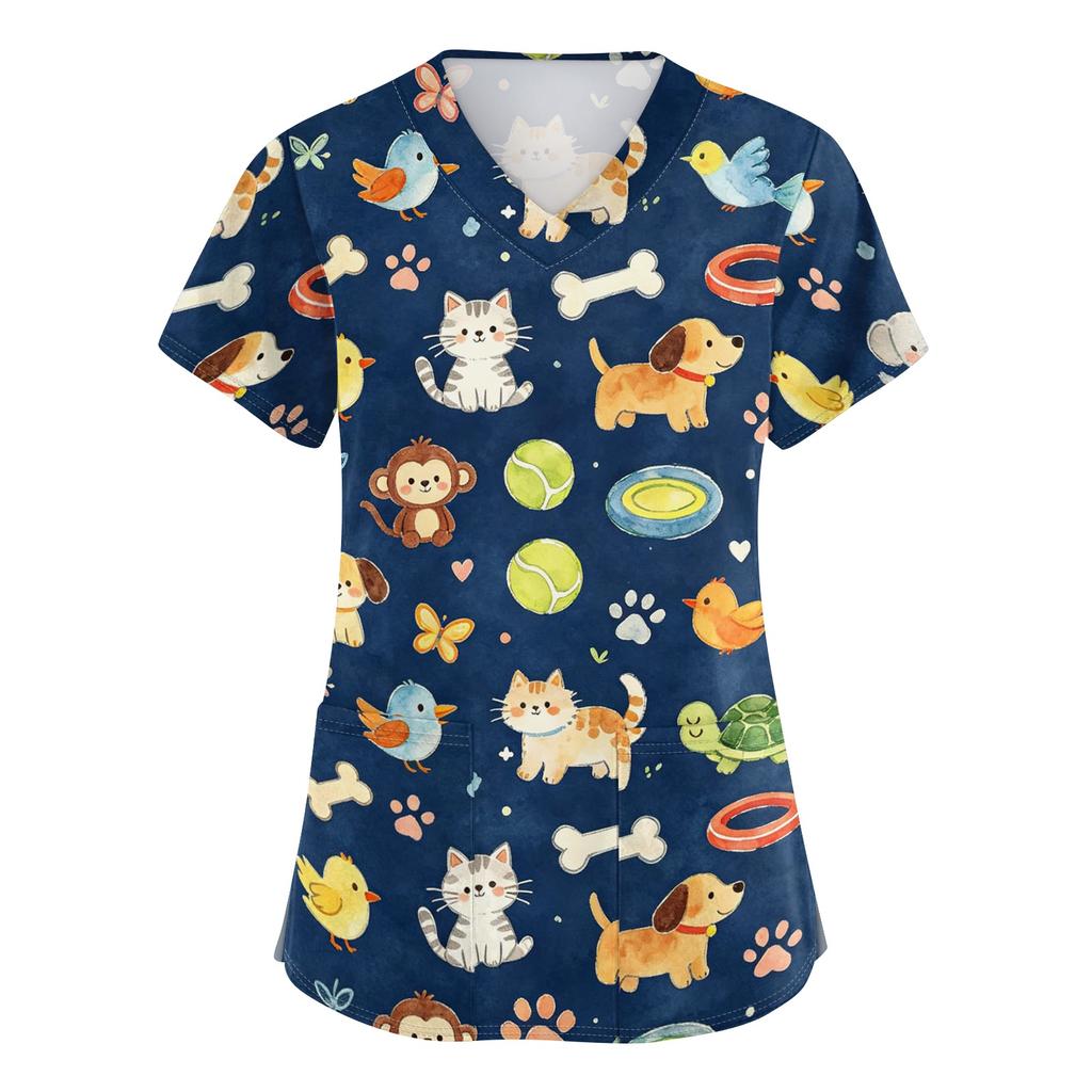 Women's V Neck Short Sleeve Work Top with Pockets Animal Print Scrub Shirt for Healthcare Professionals Medical Uniform