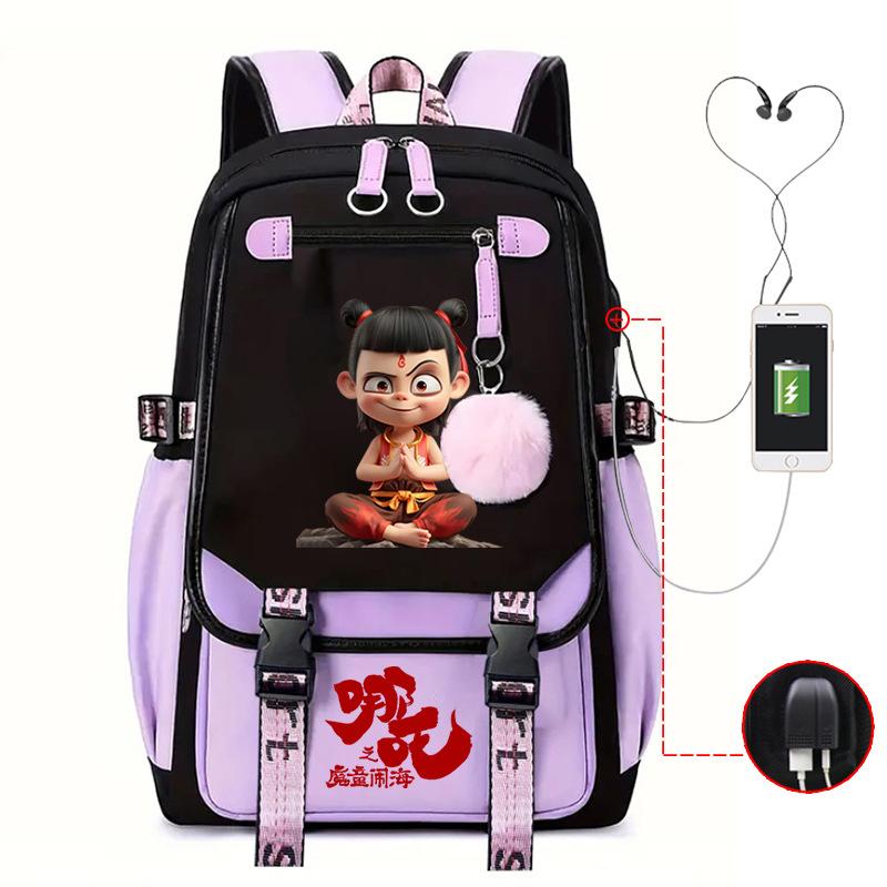 Cartoon Movie Nezha Printing Leisure Burden Reduction Travel Bag Backpack Multi-Function Large Capacity Usb Student Schoolbag